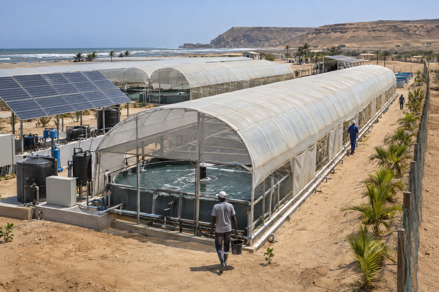 Überdachte Fischfarm mit Solaranlage in einer Küstenwüste